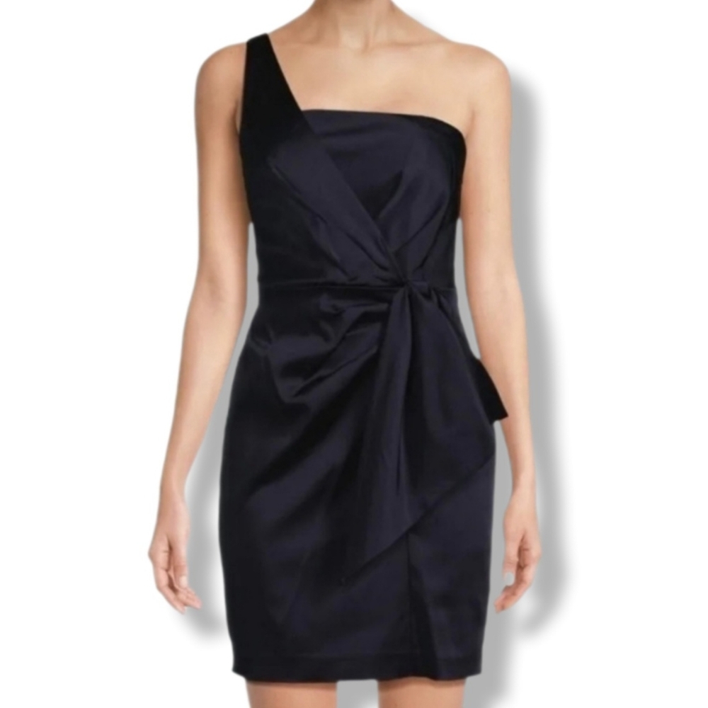 Ralph Lauren Black Label Cocktail Dress Blue Satin One Shoulder Mini Size 14